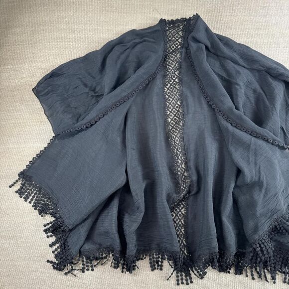 Black Fairy Goth Crochet Lace Trim Kimono Robe Cover up Shawl w/ Fringe One Size - Picture 3 of 8